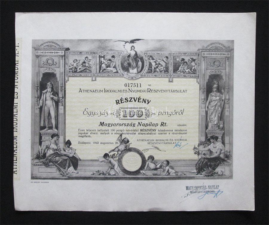 Athenaeum Irodalmi és Nyomdai részvény 100 pengő 1943